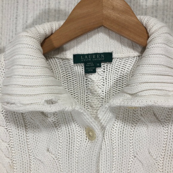 Lauren Ralph Lauren White Cable Knit Turtleneck Button Front Cardigan Sweater M - Picture 5 of 9